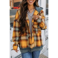 Orange Plaid Patch Hooded Frayed Snap Button Jacket - M thumbnail