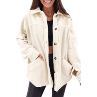 Beige Button-Up Stitching Pocket Raw Hem Shacket - S thumbnail