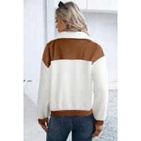 Chestnut Corduroy Color Block Contrast Patchwork Fuzzy Jacket - S thumbnail