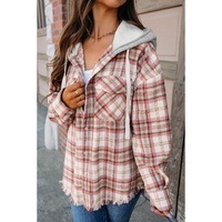 Multicolour Plaid Flap Pocket Hooded Raw Hem Jacket - L thumbnail