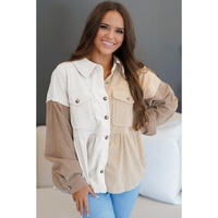 Khaki Corduroy Colorblock Button up Loose Shacket - L thumbnail