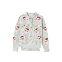 Sky Blue Sequined Santa Claus Flap Pocket Corduroy Jacket - L thumbnail