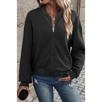 Black Solid Textured Stand Neck Zipper Bomber Jacket - S thumbnail