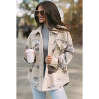 Khaki Western Aztec Print Sherpa Splicing Buttoned Flap Pocket Coat - S thumbnail