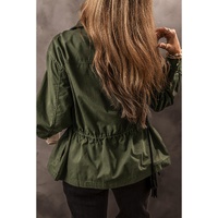 Moss Green Snap Button Zipper Tight Waist Collared Jacket - L thumbnail