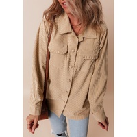 Light French Beige Solid Frilled Flap Pocket Button Up Corduroy Shacket - L thumbnail