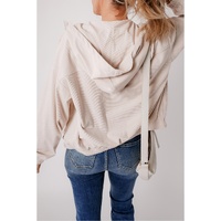 White Corduroy Drawstring Hooded Pocket Zip Up Jacket - L thumbnail