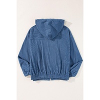 Real Teal Corduroy Drawstring Hooded Pocket Zip Up Jacket - S thumbnail