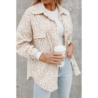 Beige Leopard Print Flap Pockets Buttoned Corduroy Shacket - L thumbnail