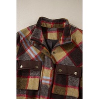 Brown Plaid Print Chest Pockets Button Zipper Stand Neck Jacket - L thumbnail