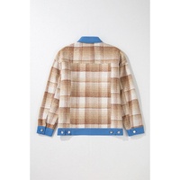 Light French Beige Plaid Patchwork Flap Detail Button Up Shacket - L thumbnail