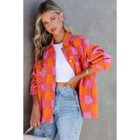 Orange Plaid Chest Pockets Button-up Turn Down Collar Jacket - L thumbnail