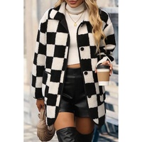 Black Checkered Side Pockets Collared Buttoned Fleece Jacket - 2XL thumbnail