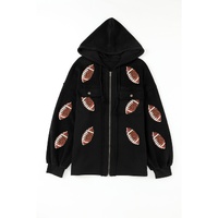 Black Sequined Rugby Football Pattern Pocketed Zipper Hooded Jacket - S thumbnail
