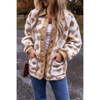Light French Beige Cute Flower Pattern Button Up Fleece Jacket - 2XL thumbnail
