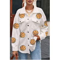 Beige Sequin Basketball Graphic Textured Snap Button Shacket - XL thumbnail
