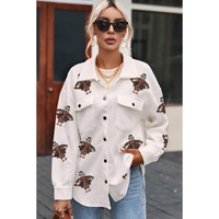 Beige Sequin Turkey Patched Graphic Flap Pocket Textured Shacket - XL thumbnail