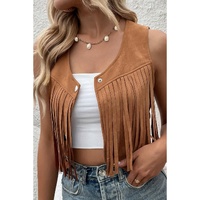 Camel Fringed Snap Button Front Suedette Vest - XL thumbnail