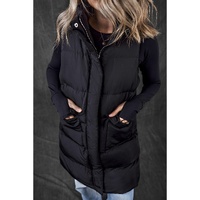 Black Windproof Longline Full Zipper Puffer Vest with Pockets - M thumbnail