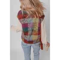 Multicolor Plaid Print Side Pockets Zipped Loose Vest - M thumbnail