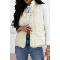 Beige Quilted High Neck Button Up Pocket Vest Coat - L thumbnail