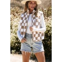 Khaki Checkered Sherpa Collared Jacket Vest - L thumbnail
