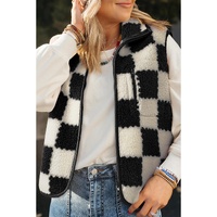 Black Checkered Sherpa Collared Jacket Vest - S thumbnail
