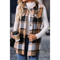 Straw Yellow Retro Plaid Button up Collared Vest - L thumbnail