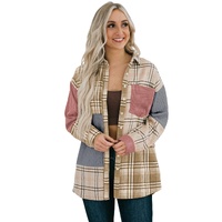 Pink Plaid Color Block Patchwork Shirt Jacket with Pocket - L thumbnail