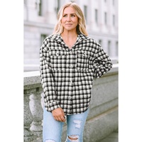 Black Plaid Print Chest Pockets Buttoned Tunic Shacket - M thumbnail