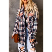 Pink Contrast Hooded Drawstring Plaid Shacket - M thumbnail
