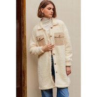 Beige Contrast Flap Pocket Single Breasted Teddy Coat - M thumbnail