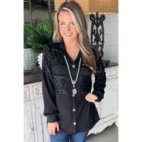 Black Sequin Patch Chest Pocket Corded Shacket - L thumbnail