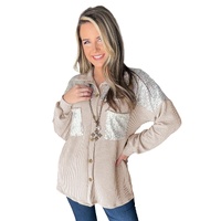 Parchment Sequin Patch Chest Pocket Corded Shacket - M thumbnail