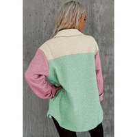 Green Color Block Patchwork Flap Pocket Quilted Shacket - M thumbnail