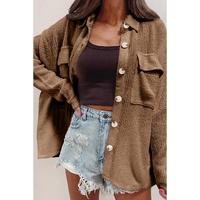 Dark Khaki Solid Color Corduroy Buttoned Long Sleeve Shacket - S thumbnail