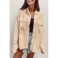 Apricot Solid Color Corduroy Buttoned Long Sleeve Shacket - M thumbnail