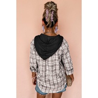 Black Checkered Print Loose Fit Buttoned Hooded Shacket - L thumbnail