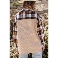 Khaki Thermal Knit Plaid Patchwork Shacket - XL thumbnail