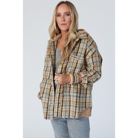 Ashleigh Blue Waffle Knit Patchwork Hooded Plaid Shacket - M thumbnail