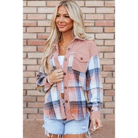 Light Pink Plaid Corduroy Patchwork Chest Pocket Shacket - L thumbnail