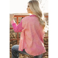 Apricot Pink Mineral Wash Sequin Patchwork Flap Pocket Shacket - S thumbnail