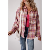 Pink Plaid Print Chest Pocket Long Sleeve Shacket - M thumbnail