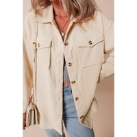 Oatmeal Corduroy Flap Pocket Button Up Shacket - M thumbnail
