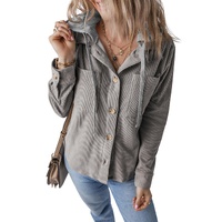 Light Grey Hooded Drawstring Pockets Corduroy Shacket - S thumbnail