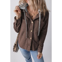 Coffee Hooded Drawstring Pockets Corduroy Shacket - L thumbnail