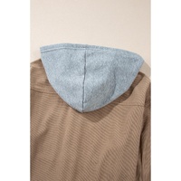 Pale Khaki Hooded Drawstring Pockets Corduroy Shacket - M thumbnail