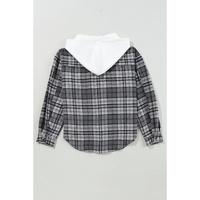 Black Plaid Print Flap Pockets Contrast Hooded Loose Shacket - M thumbnail