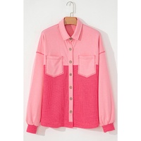 Peach Blossom Two Tone Contrast Waffle Knit Buttoned Loose Shacket - 2XL thumbnail
