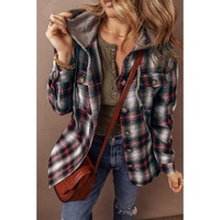 Red Plaid Print Chest Pocket Buttoned Hooded Shacket - S thumbnail